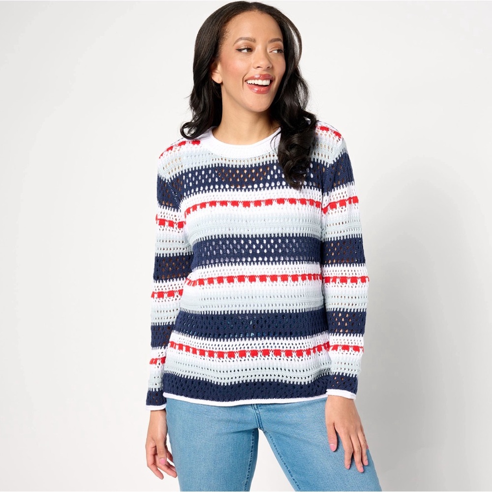 💕 Joan Rivers 💕 Red White and Blue Americana Crew Neck Open Knit Sweater